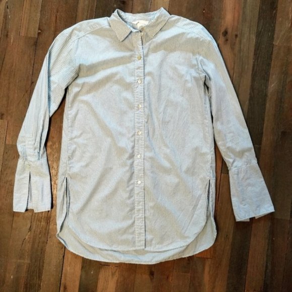 H & M Pinstripe Blue and White Menswear Inspured Long Tuxedo Blouse - Picture 2 of 7